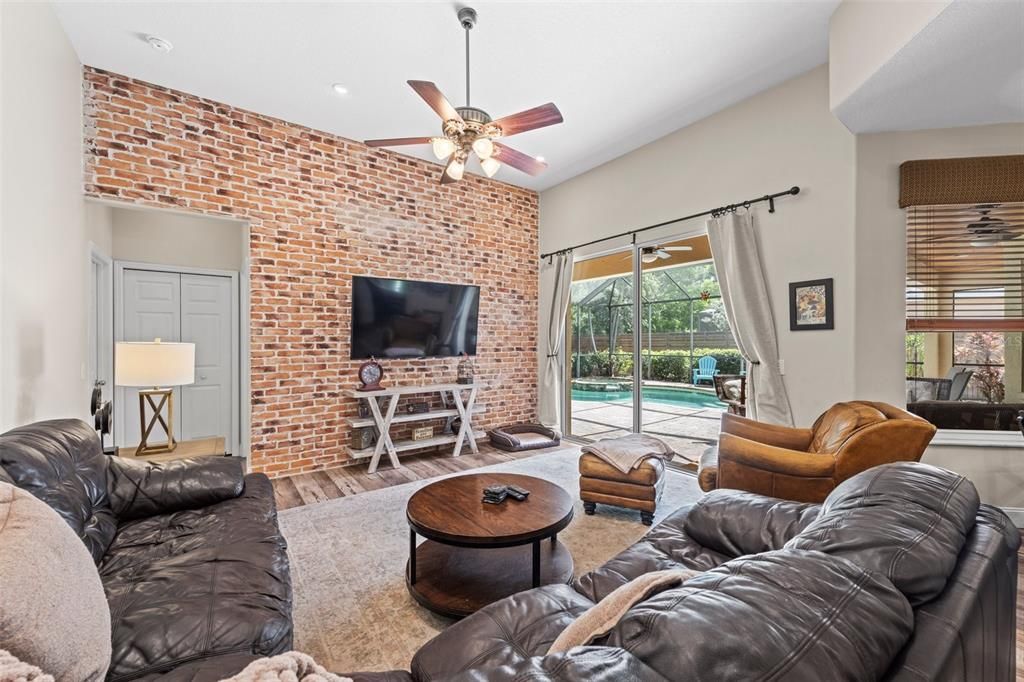 Interior, Living room, Recessed Lighting, Stone Walls, Wood Texture Flooring