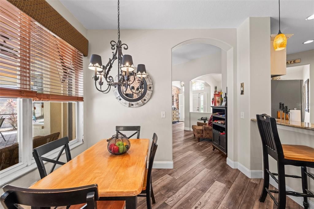 Chandelier, Dining room, Interior, Pendant Lights, Recessed Lighting, Wood Texture Flooring