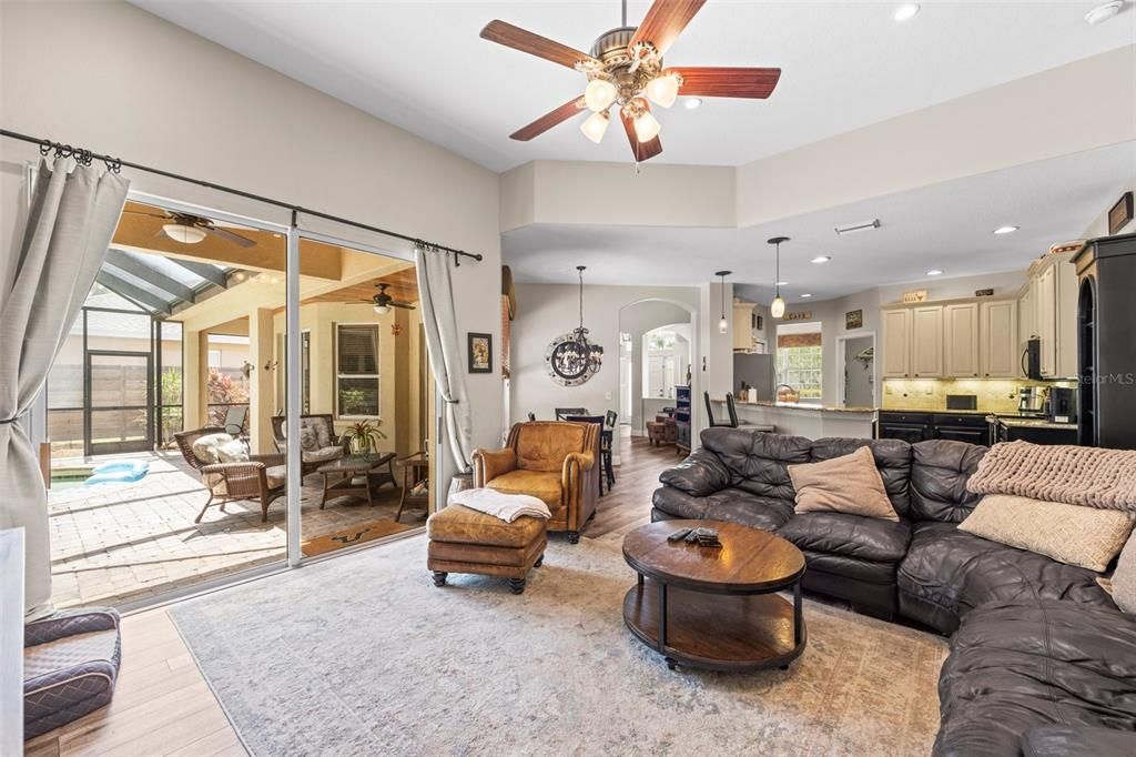Interior, Kitchen, Living room, Pendant Lights, Recessed Lighting, Wood Texture Flooring