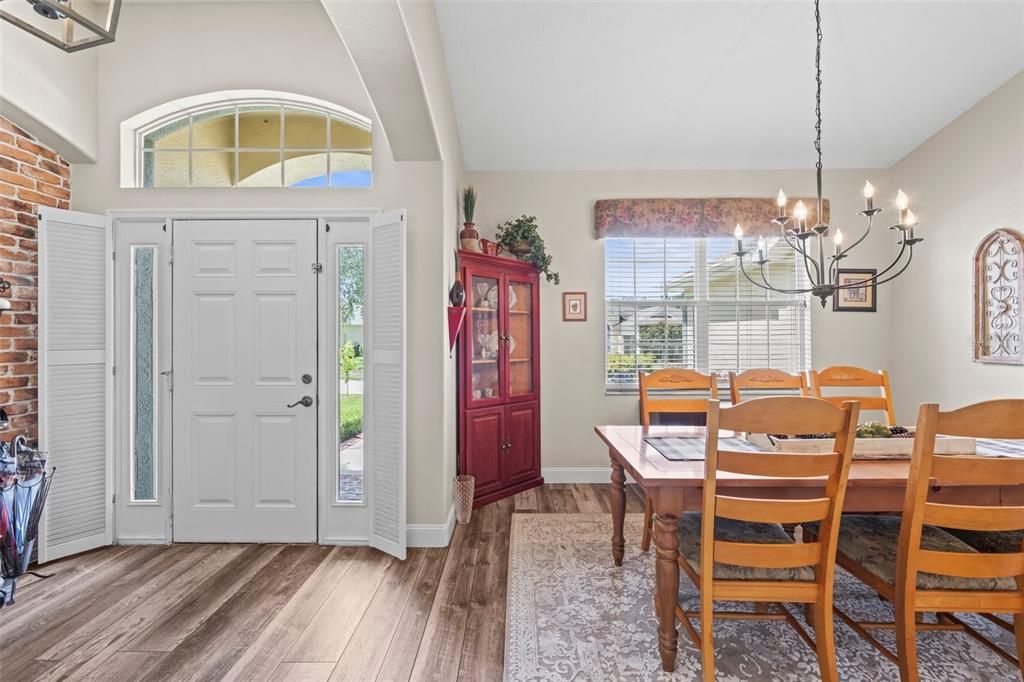 Chandelier, Dining room, Interior, Stone Walls, Wood Texture Flooring