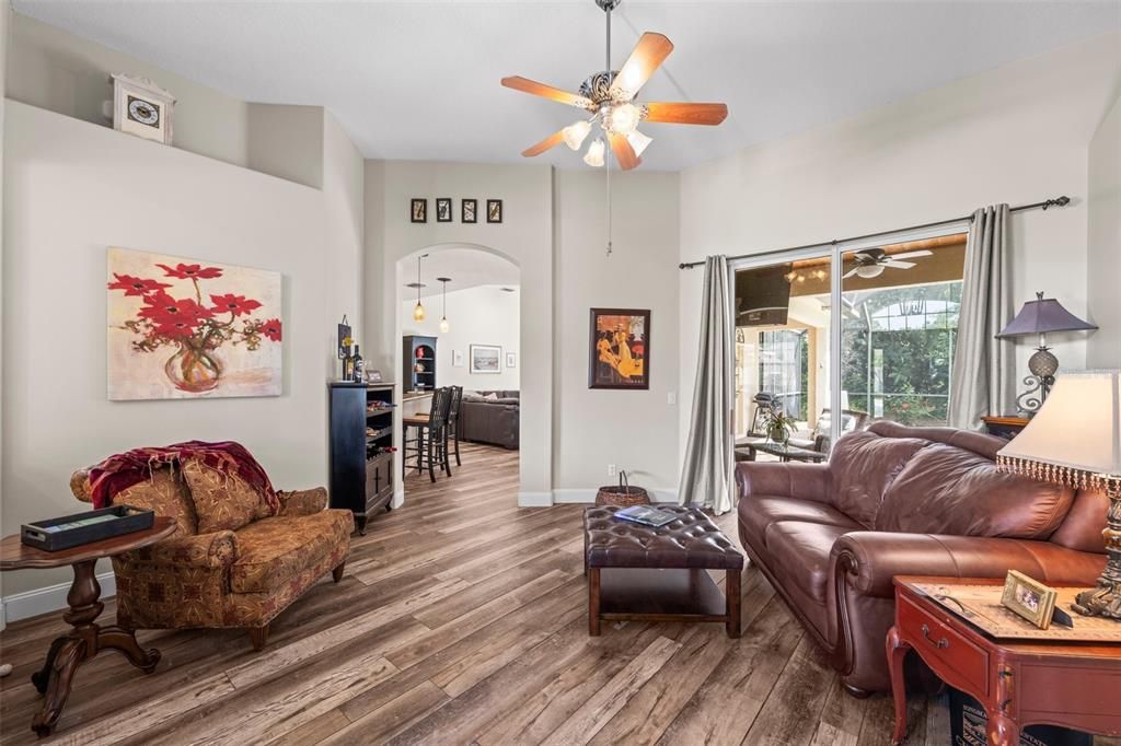 Dining room, Interior, Living room, Pendant Lights, Wood Texture Flooring