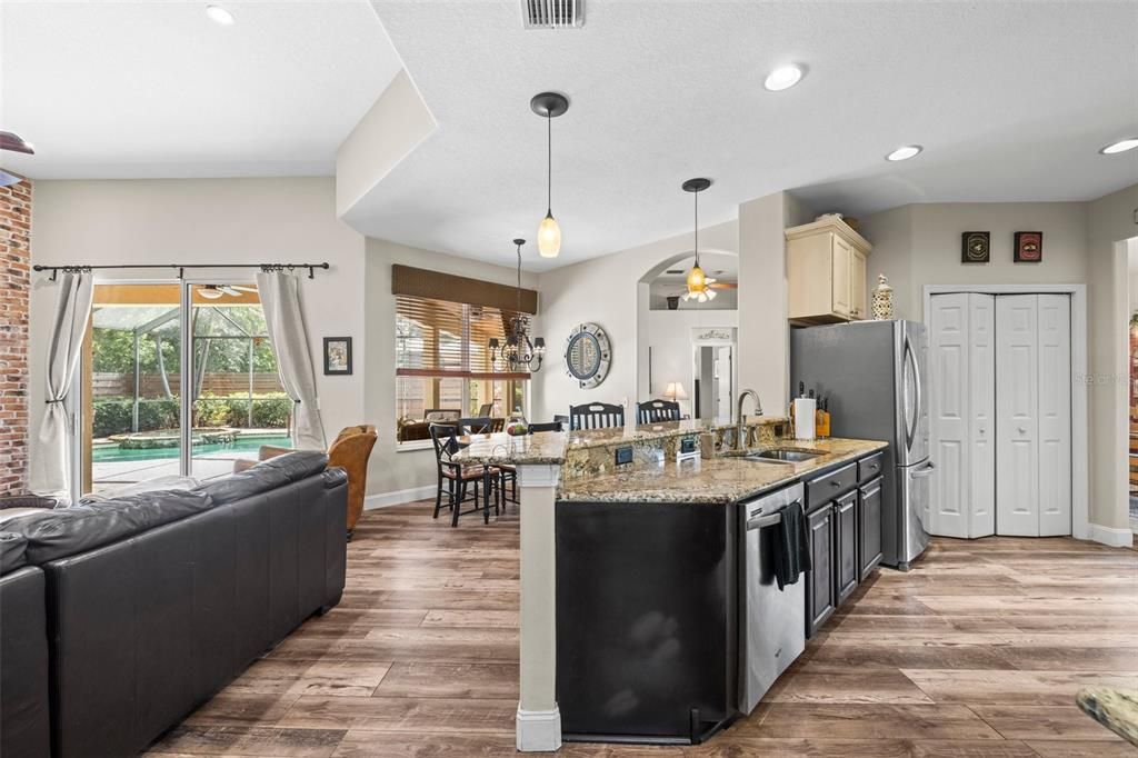 Dining room, Interior, Kitchen, Living room, Pendant Lights, Recessed Lighting, Wood Texture Flooring