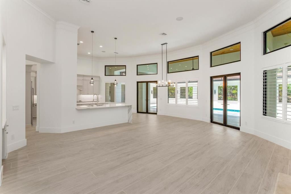 Empty room, Interior, Kitchen, Pendant Lights, Recessed Lighting, Wood Texture Flooring