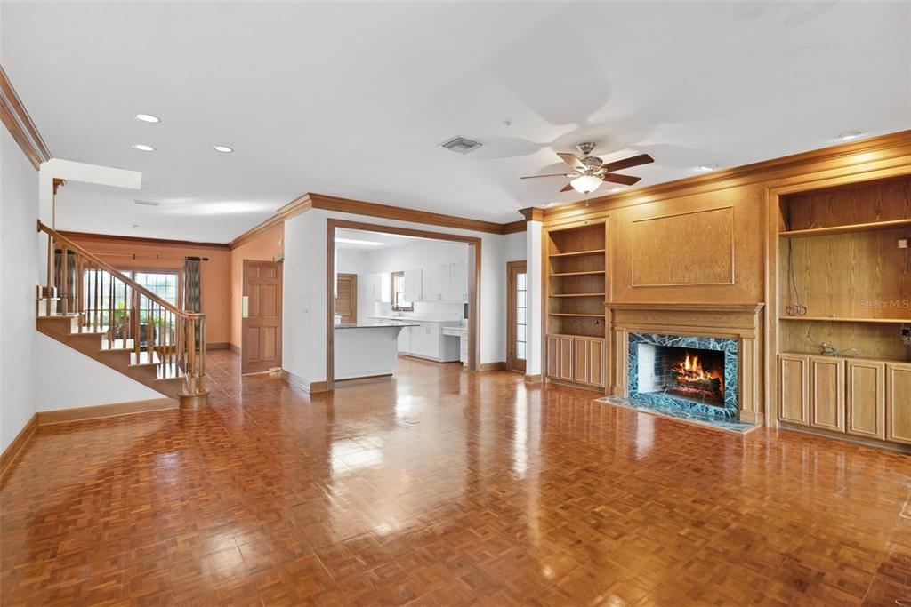 Empty room, Fireplace, Interior, Recessed Lighting, Wood Texture Flooring, Wooden Walls