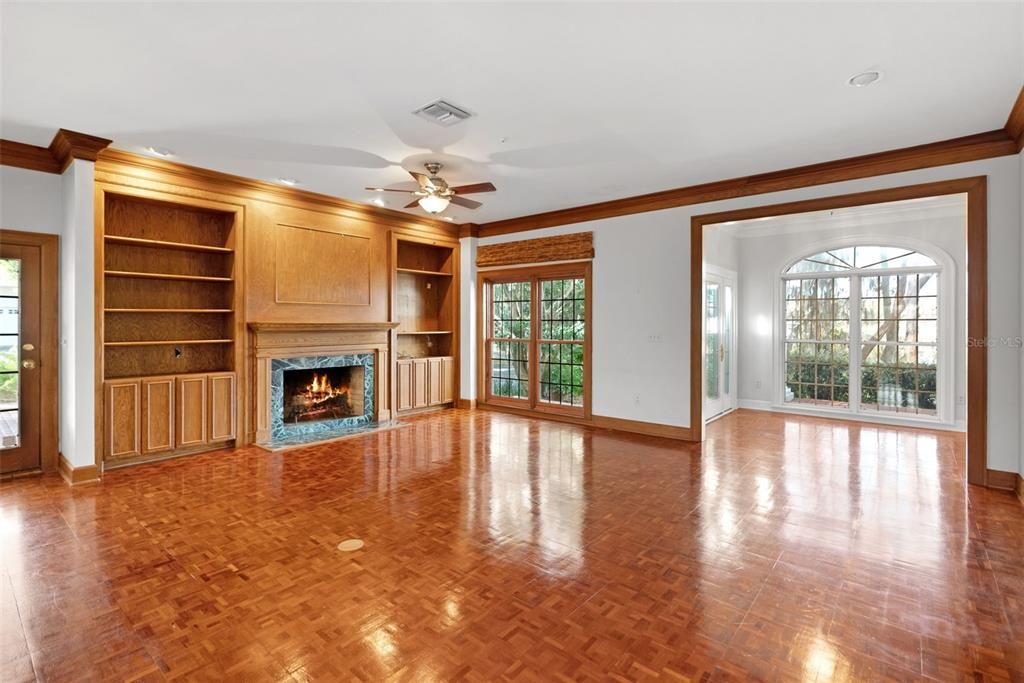 Empty room, Fireplace, Interior, Recessed Lighting, Wood Texture Flooring, Wooden Walls