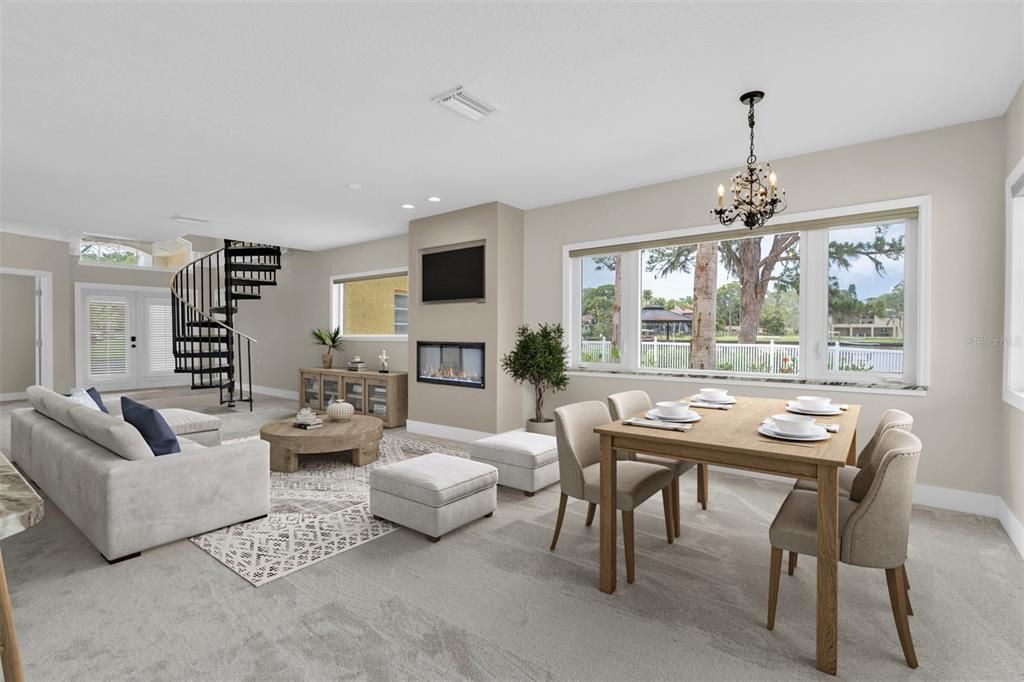 Chandelier, Dining room, Fireplace, Interior, Living room, Recessed Lighting
