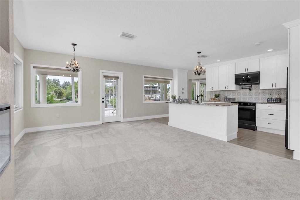 Chandelier, Empty room, Interior, Kitchen, Pendant Lights, Recessed Lighting, Wood Texture Flooring