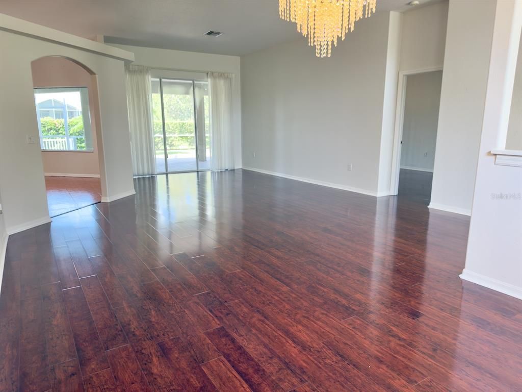 Chandelier, Empty room, Interior, Wood Texture Flooring