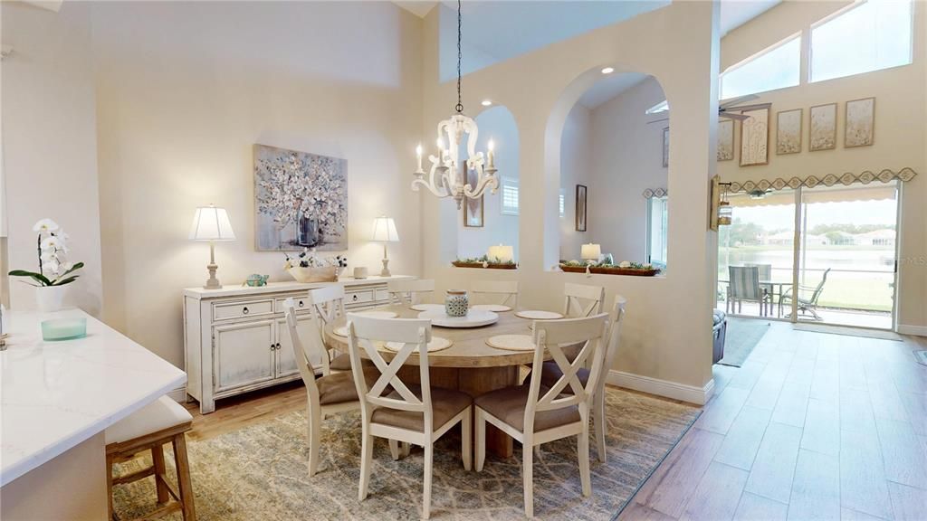 Chandelier, Dining room, Interior, Recessed Lighting, Wood Texture Flooring