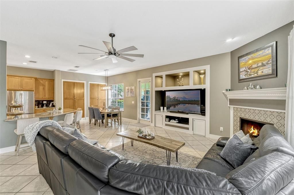 Dining room, Fireplace, Interior, Kitchen, Living room, Pendant Lights, Recessed Lighting, Stainless Steel Appliances