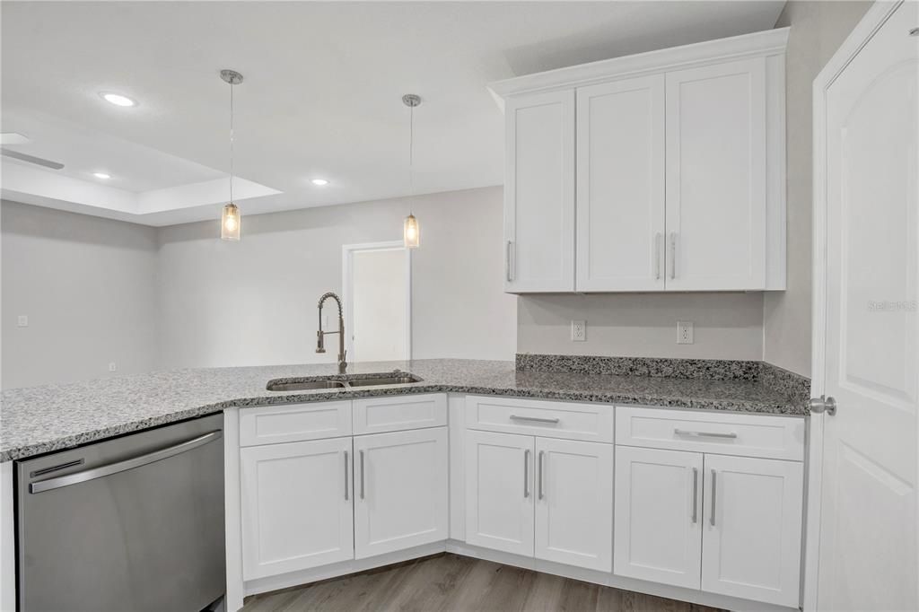 Interior, Kitchen, Pendant Lights, Recessed Lighting, Wood Texture Flooring