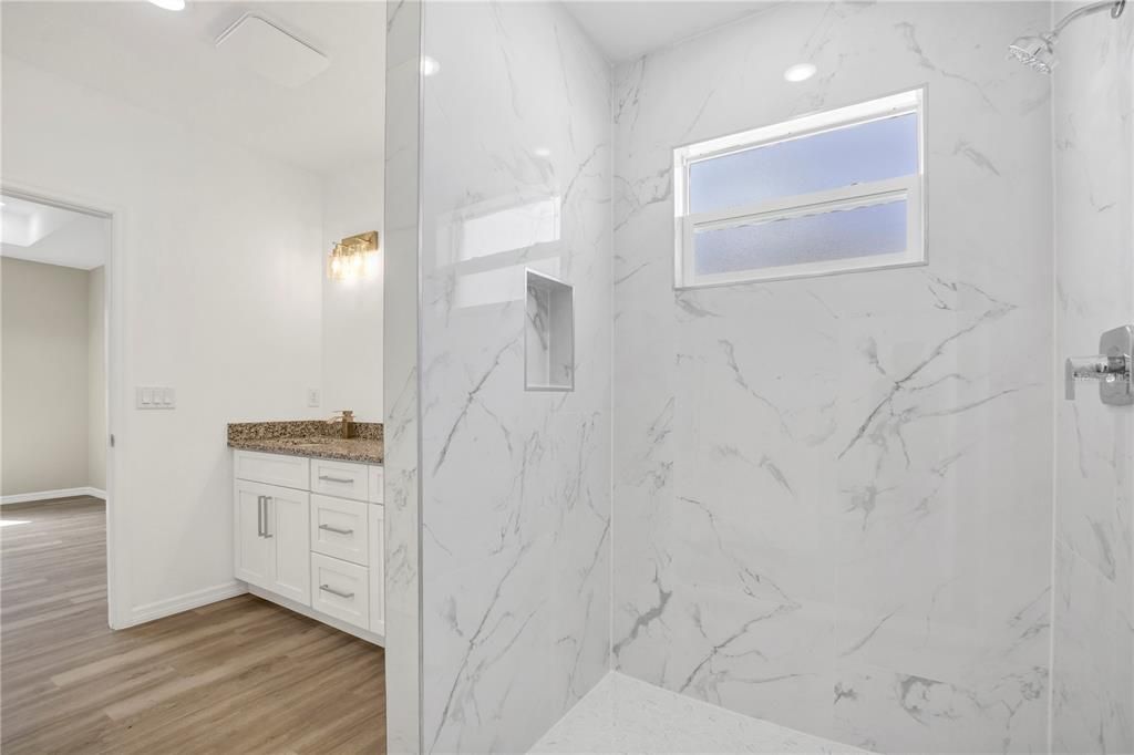 Bathroom, Interior, Marble Walls, Recessed Lighting, Wood Texture Flooring