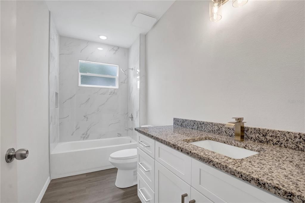 Bathroom, Interior, Marble Walls, Recessed Lighting, Wood Texture Flooring