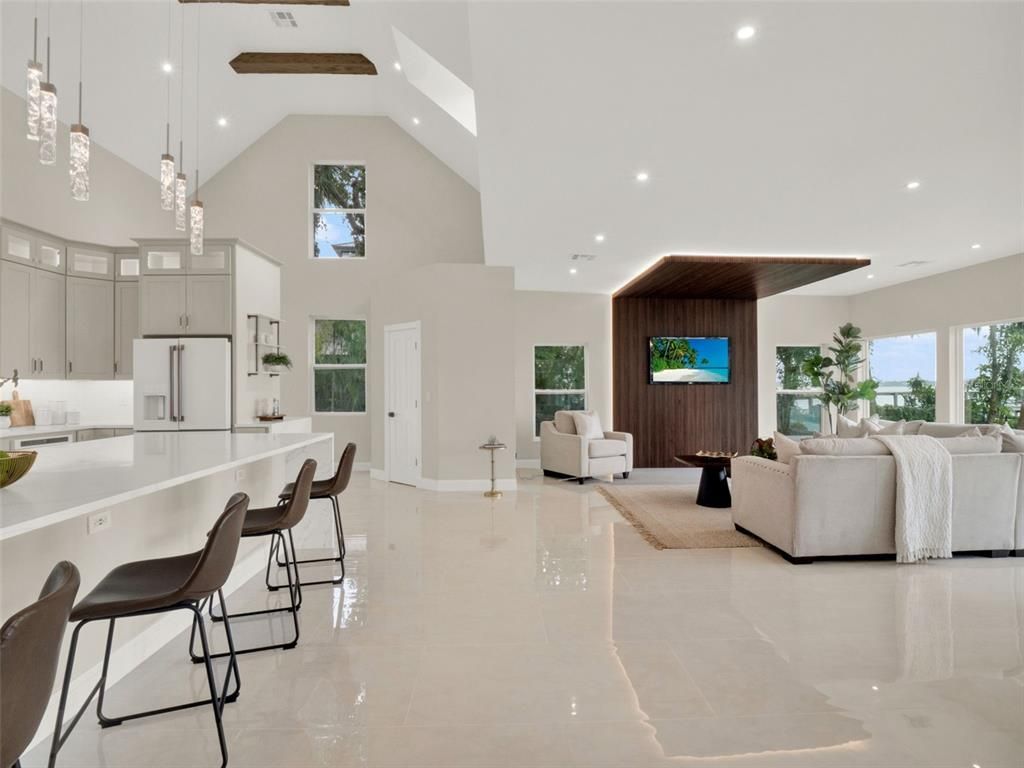 Interior, Kitchen, Living room, Pendant Lights, Recessed Lighting, Wooden Beams
