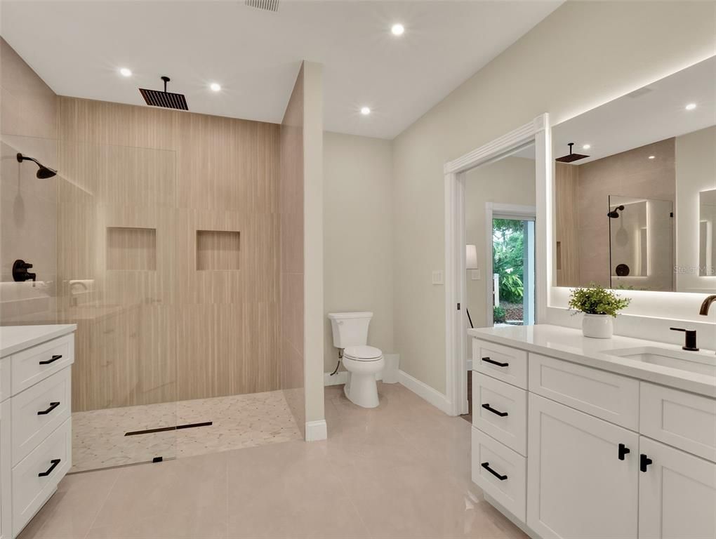 Bathroom, Dual Sink Vanities, Glass Shower, Interior, Recessed Lighting