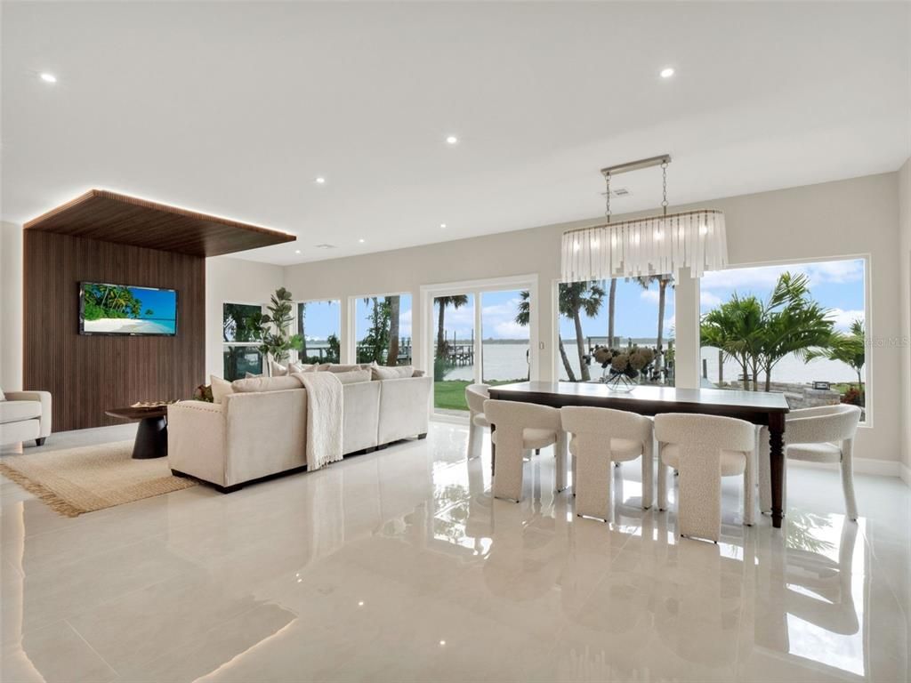 Chandelier, Dining room, Interior, Living room, Recessed Lighting, Water, Wooden Walls