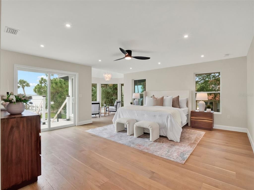 Bedroom, Chandelier, Interior, Recessed Lighting, Wood Texture Flooring