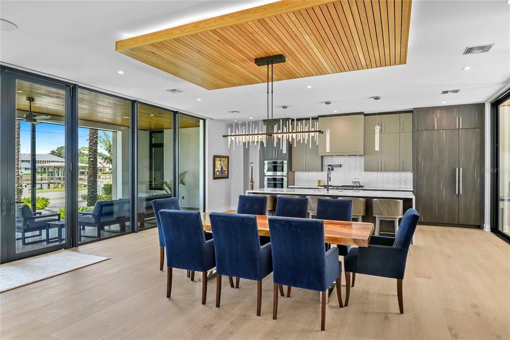 Dining room, Interior, Kitchen, Pendant Lights, Recessed Lighting, Stainless Steel Appliances, Wooden Ceilings, Wood Texture Flooring