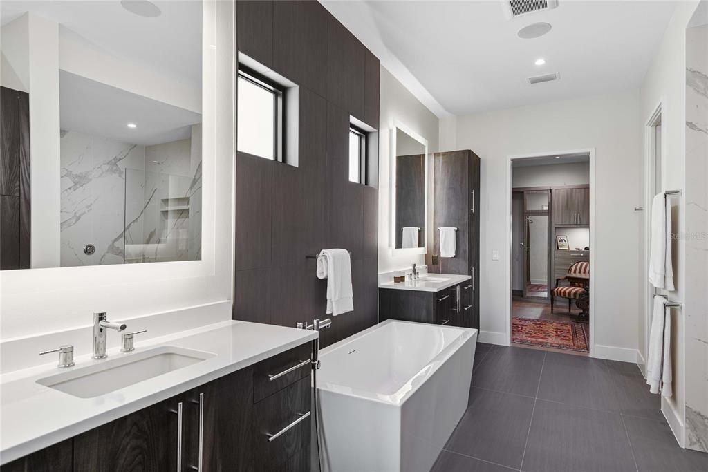 Bathroom, Dual Sink Vanities, Free Standing Baths, Interior, Marble Walls, Recessed Lighting
