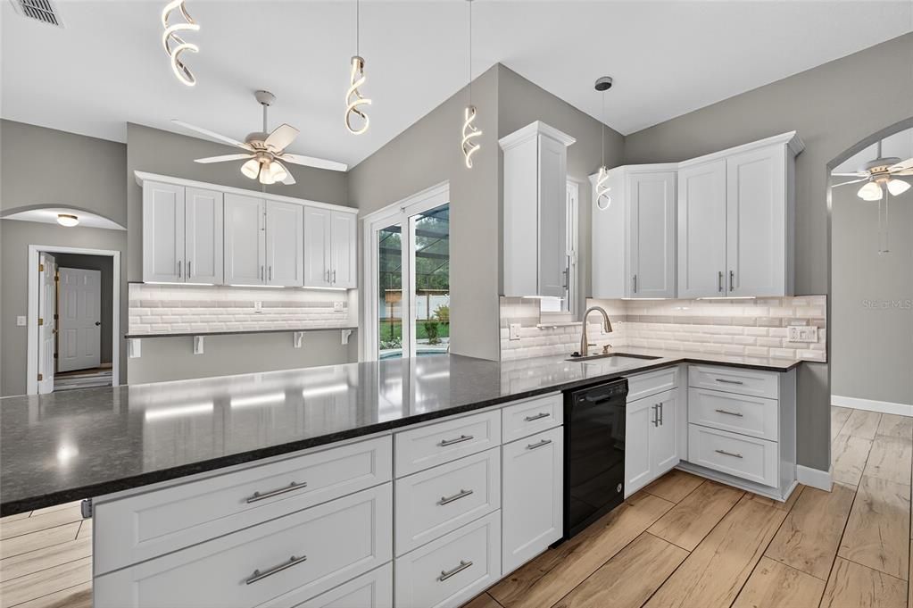 Interior, Kitchen, Pendant Lights, Wood Texture Flooring