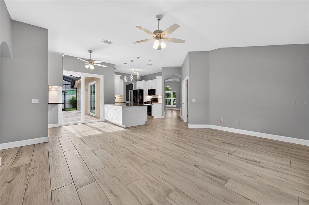 Interior, Kitchen, Pendant Lights, Wood Texture Flooring