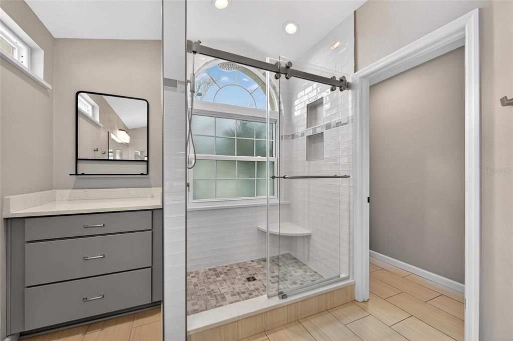 Bathroom, Glass Shower, Interior, Recessed Lighting, Wood Texture Flooring