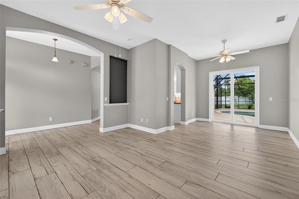 Empty room, Interior, Pendant Lights, Wood Texture Flooring