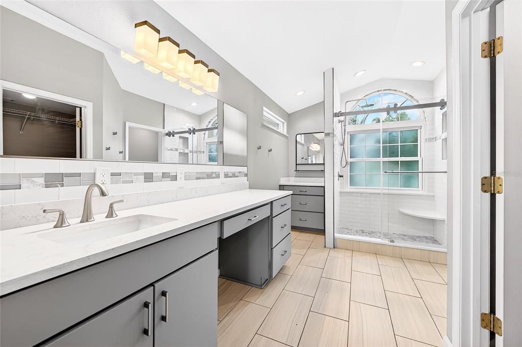 Bathroom, Dual Sink Vanities, Glass Shower, Interior, Recessed Lighting