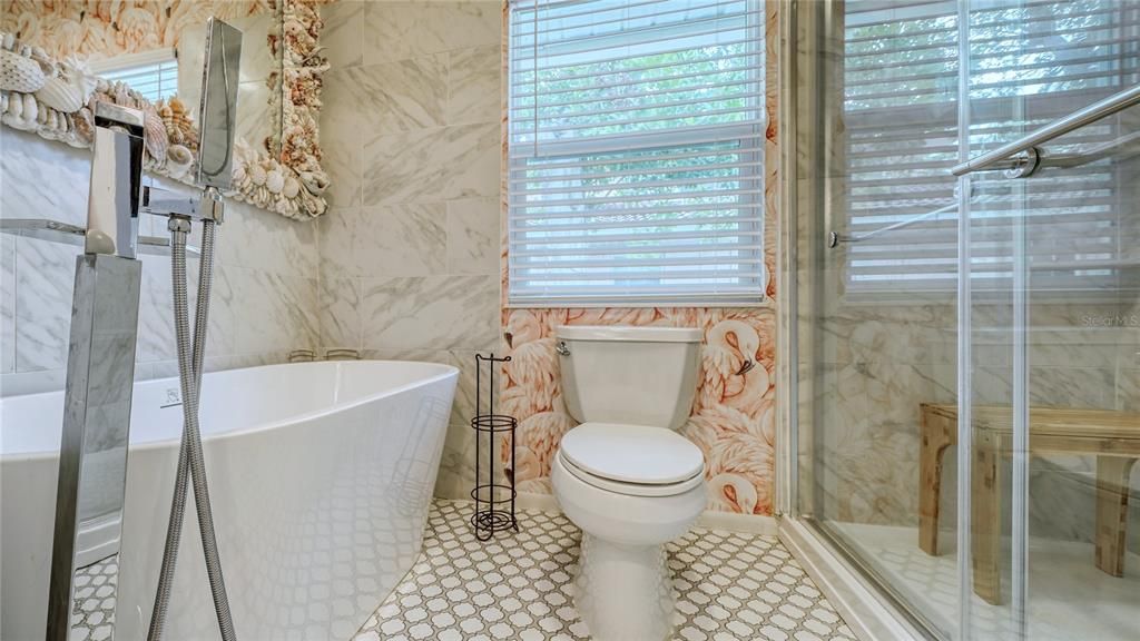 Bathroom, Free Standing Baths, Glass Shower, Interior, Marble Walls
