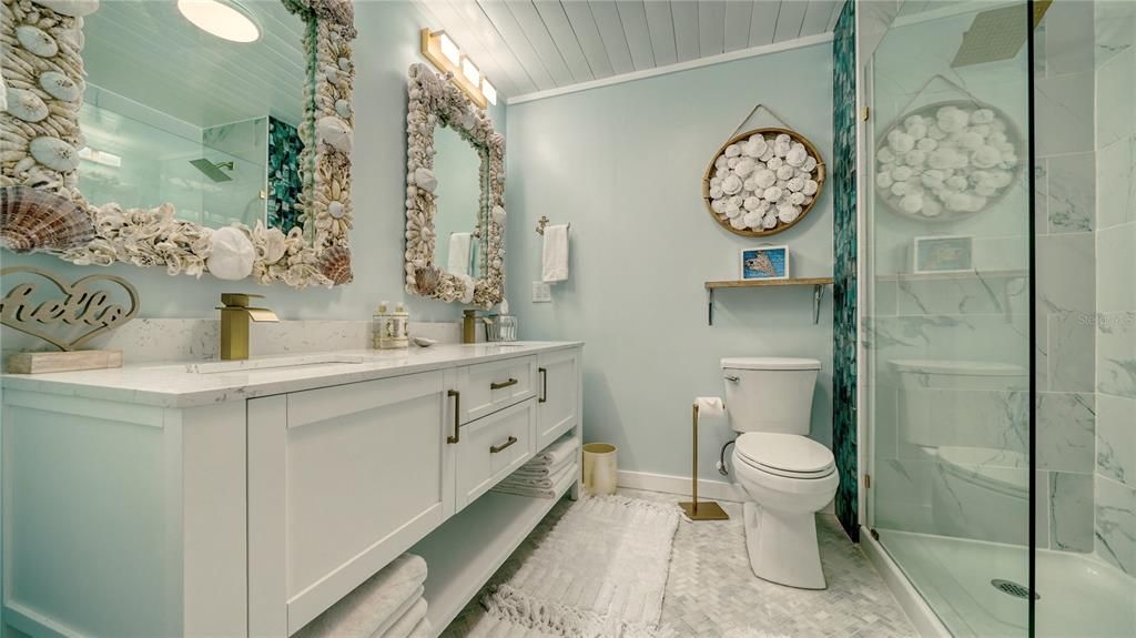 Bathroom, Dual Sink Vanities, Glass Shower, Interior, Marble, Marble Walls
