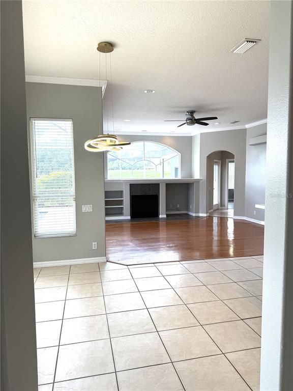 Empty room, Interior, Pendant Lights, Recessed Lighting, Wood Texture Flooring