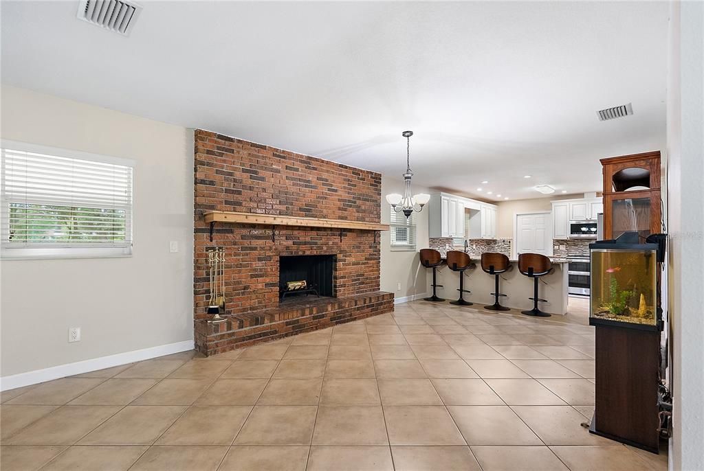 Chandelier, Fireplace, Interior, Kitchen, Pendant Lights, Recessed Lighting, Stone Walls