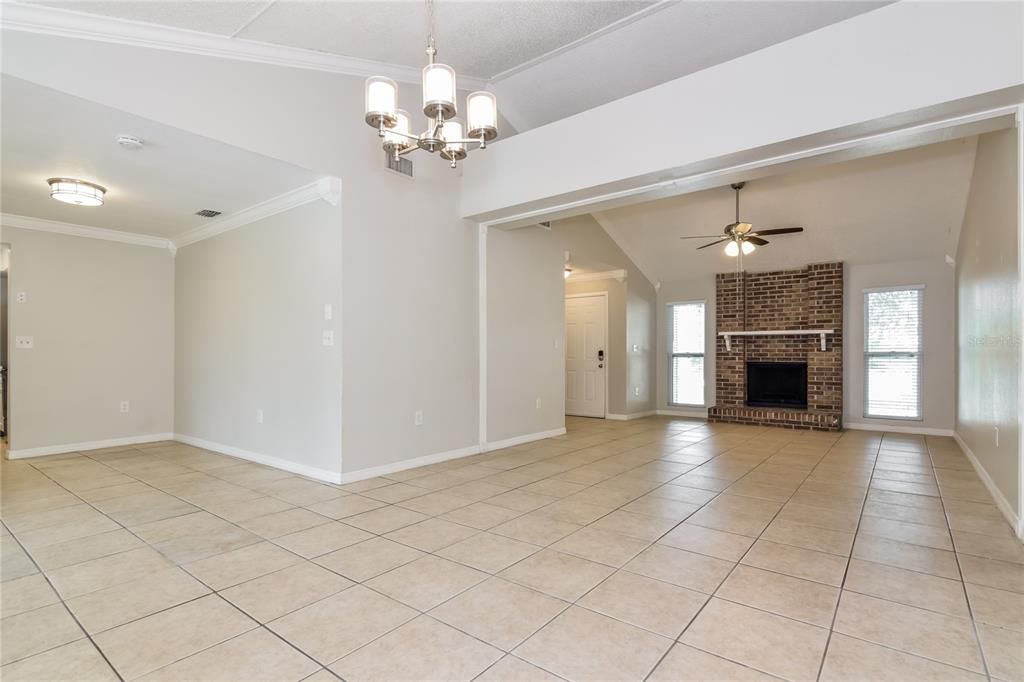 Chandelier, Empty room, Fireplace, Interior, Stone Walls
