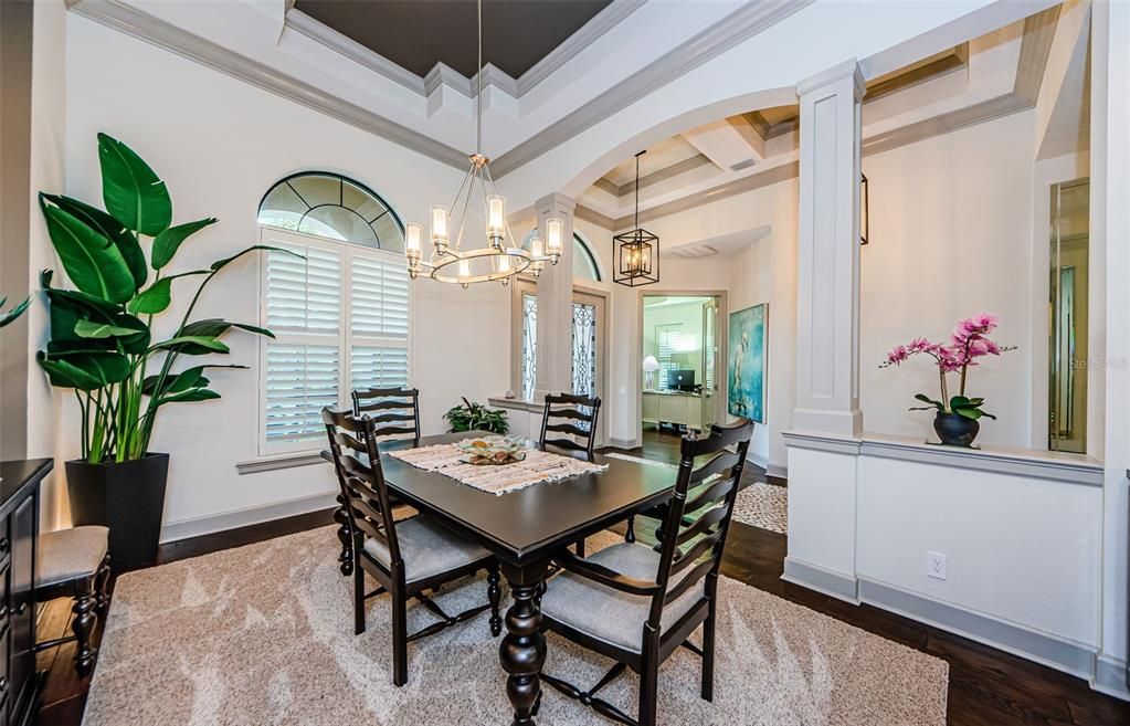 Chandelier, Dining room, Interior, Wood Texture Flooring