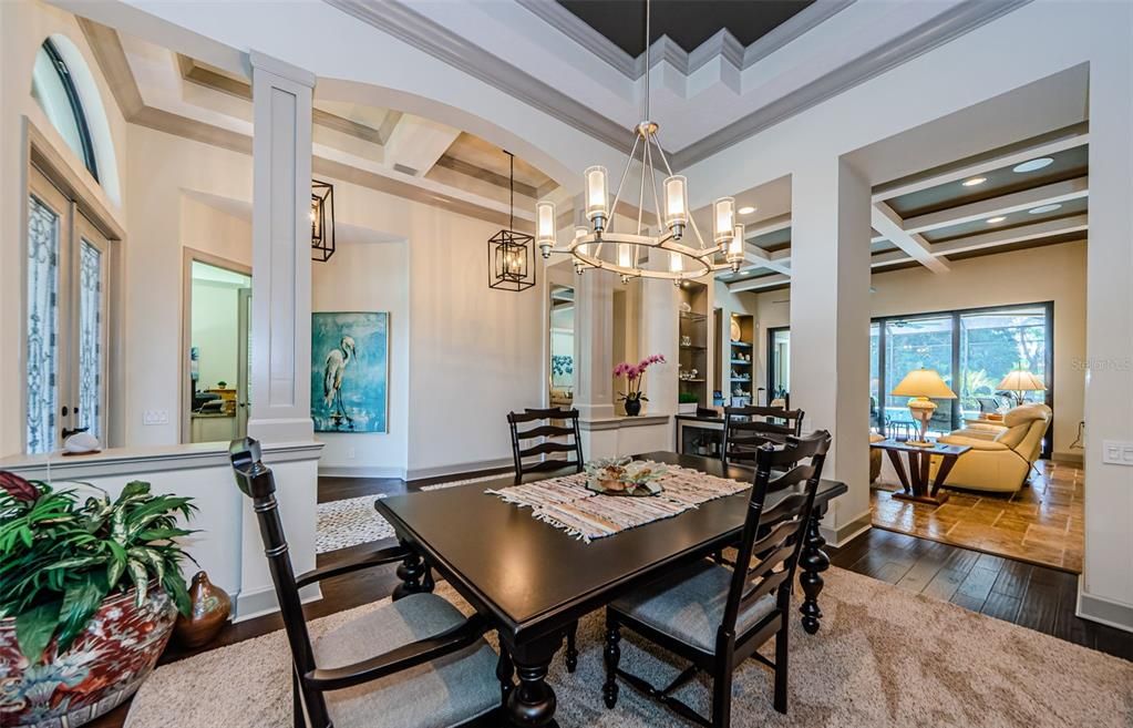 Chandelier, Dining room, Interior, Living room, Recessed Lighting, Wood Texture Flooring