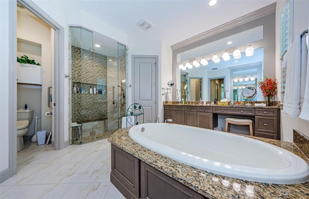 Bathroom, Dual Sink Vanities, Glass Shower, Interior, Marble, Recessed Lighting