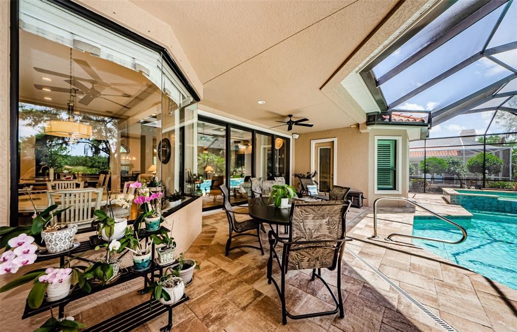 Chandelier, Dining room, Glass Ceilings, Interior, Pool, Recessed Lighting, Sun Room