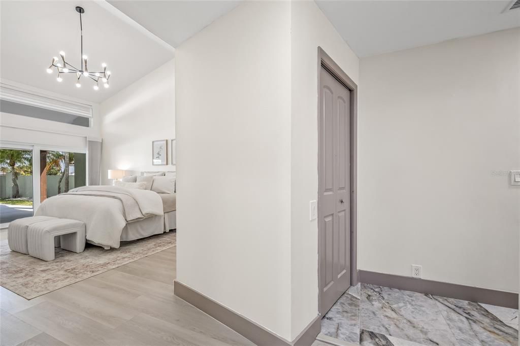 Bedroom, Interior, Marble, Pendant Lights, Wood Texture Flooring