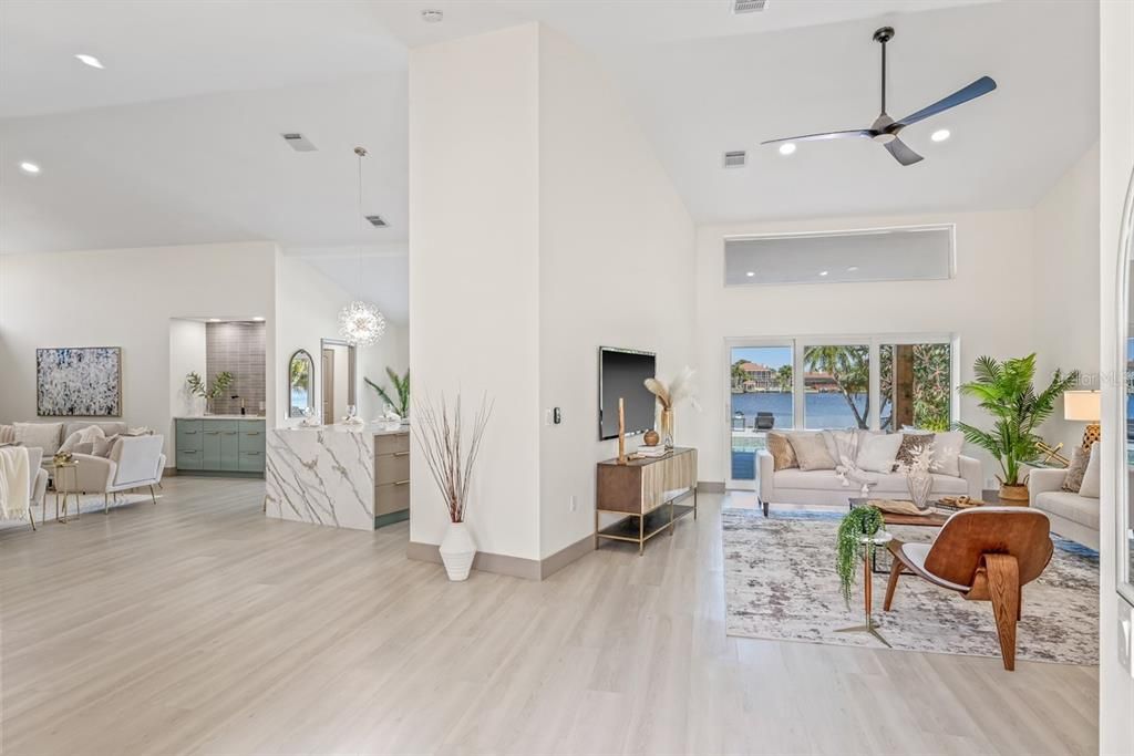 Chandelier, Interior, Living room, Recessed Lighting, Water, Wood Texture Flooring