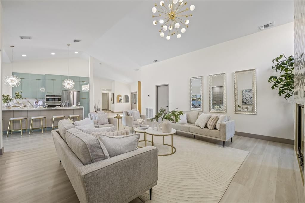 Interior, Kitchen, Living room, Pendant Lights, Recessed Lighting, Stainless Steel Appliances, Wood Texture Flooring