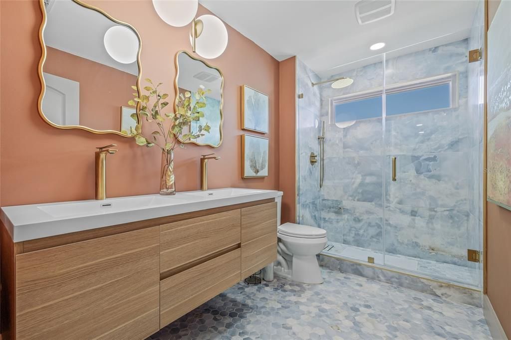 Bathroom, Dual Sink Vanities, Glass Shower, Interior, Recessed Lighting
