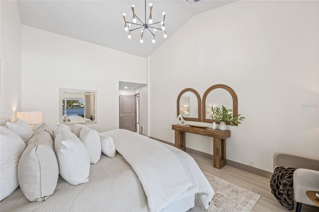Bedroom, Interior, Pendant Lights, Recessed Lighting, Wood Texture Flooring