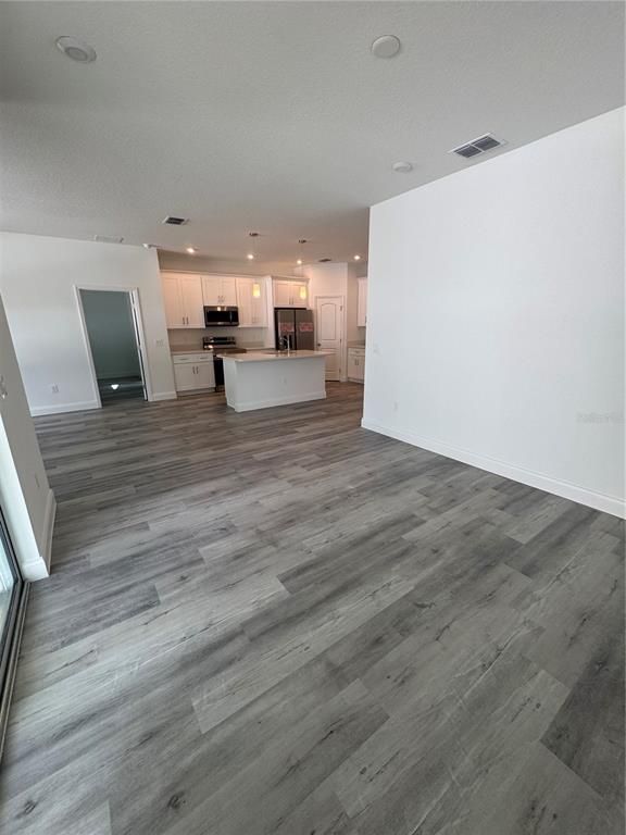 Empty room, Interior, Kitchen, Pendant Lights, Recessed Lighting, Stainless Steel Appliances, Wood Texture Flooring
