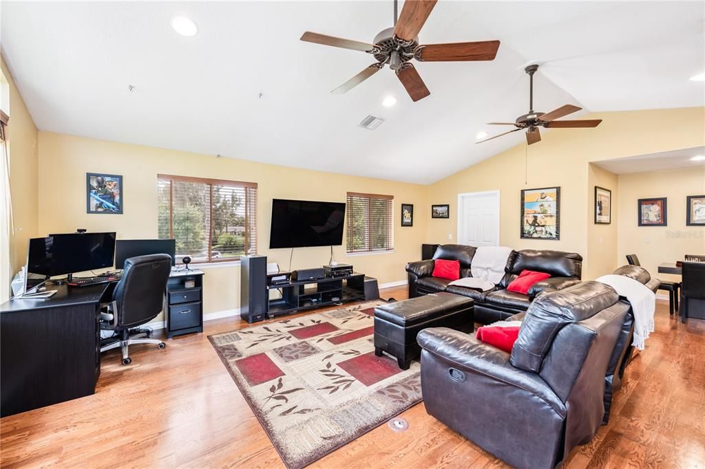 Home Office, Interior, Living room, Recessed Lighting, Wood Texture Flooring