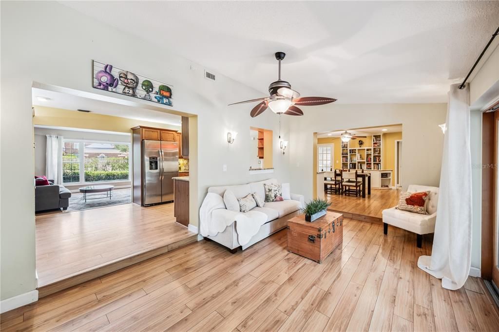 Dining room, Interior, Kitchen, Living room, Recessed Lighting, Stainless Steel Appliances, Wood Texture Flooring