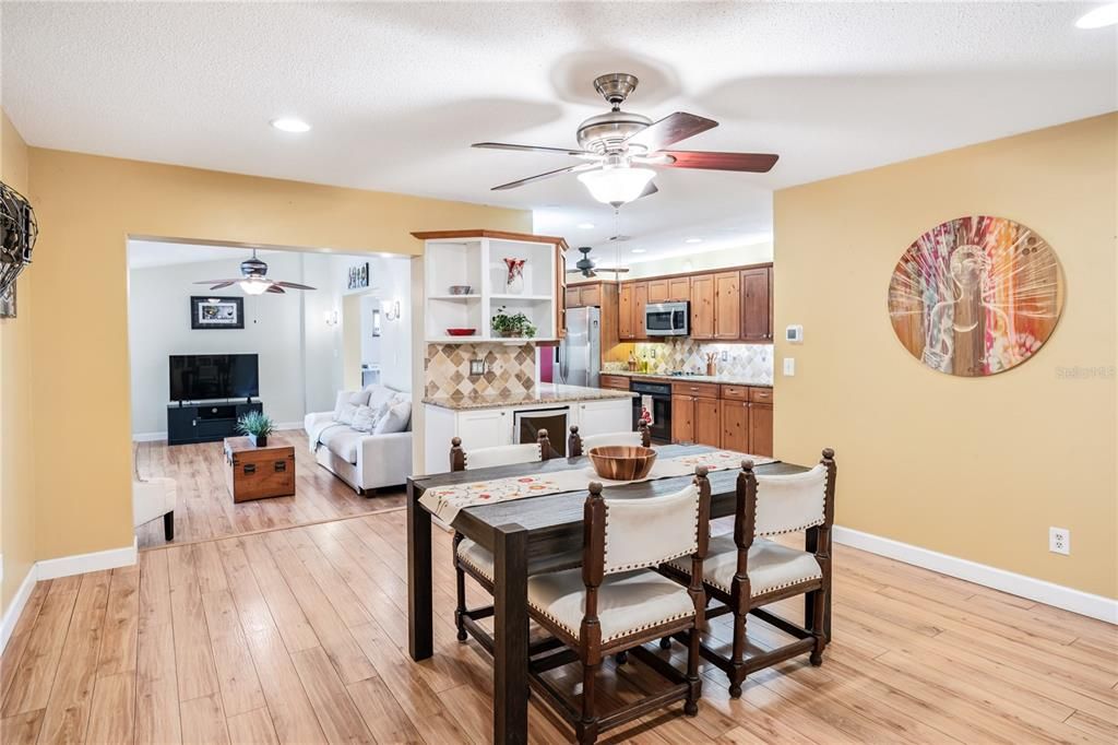 Dining room, Interior, Kitchen, Living room, Recessed Lighting, Wood Texture Flooring