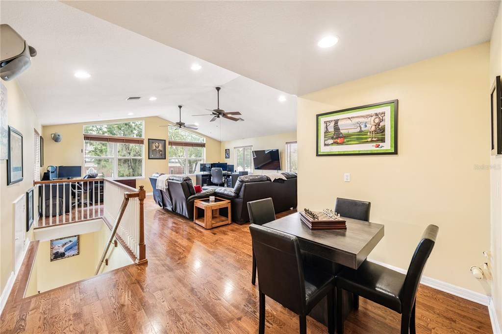 Dining room, Interior, Living room, Recessed Lighting, Wood Texture Flooring