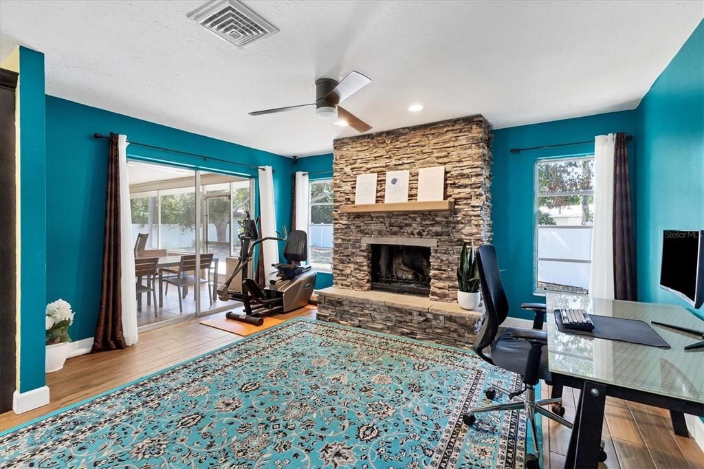 Fireplace, Home Office, Interior, Recessed Lighting, Stone Walls, Wood Texture Flooring