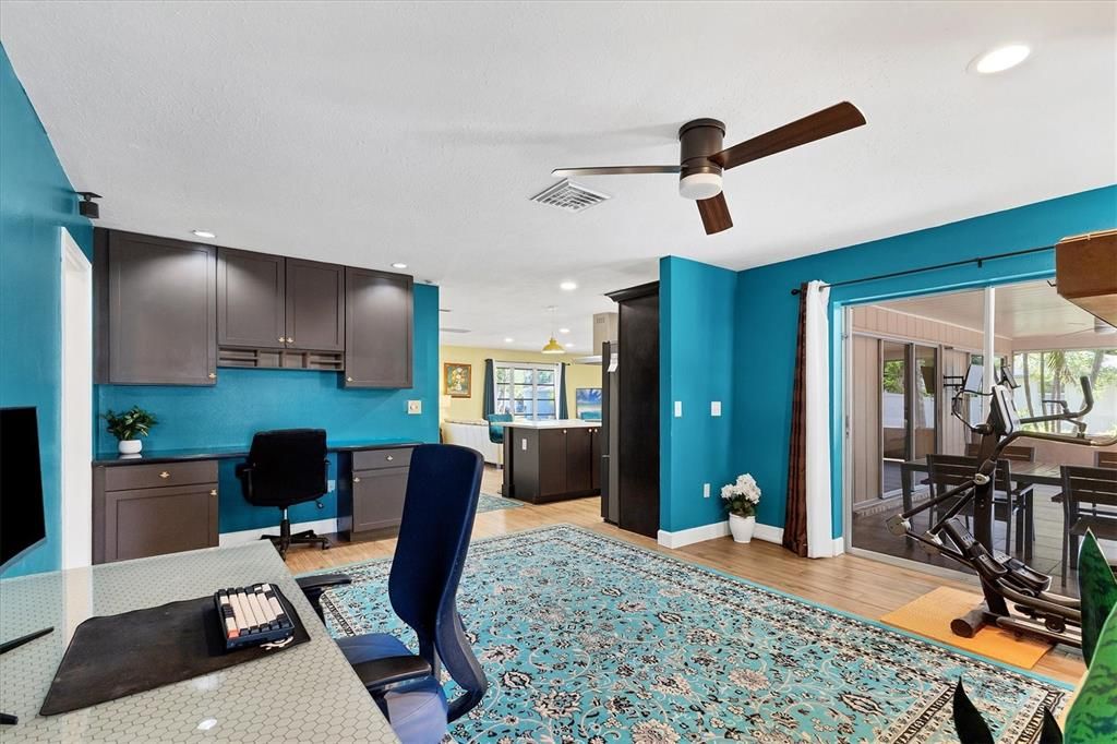 Fitness Equipment, Home Office, Interior, Kitchen, Recessed Lighting, Wood Texture Flooring
