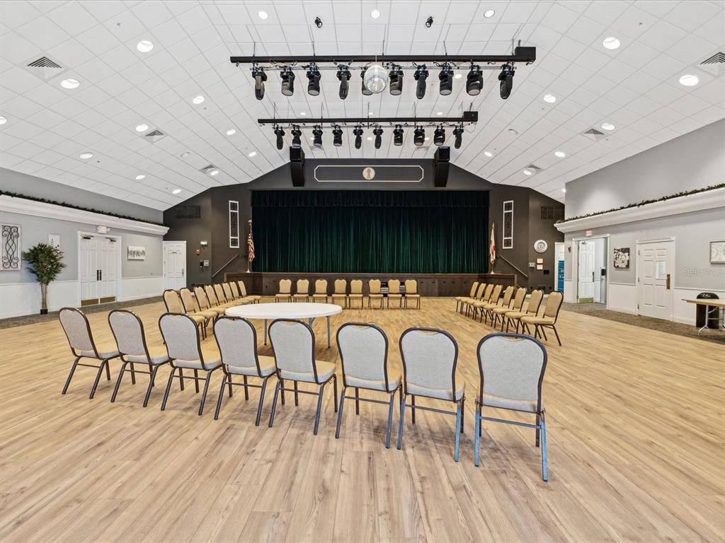 Dining room, Interior, Projection Screen, Recessed Lighting, Wood Texture Flooring